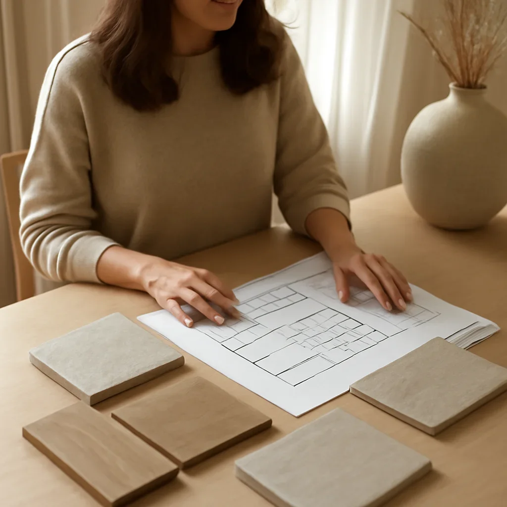Designer reviewing plans and material samples for a Vancouver home